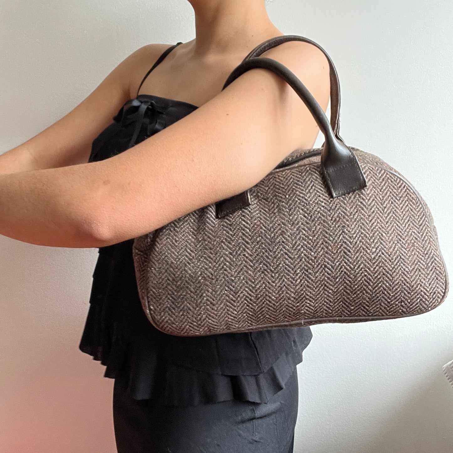 Sac bowling en laine chevron et cuir marron