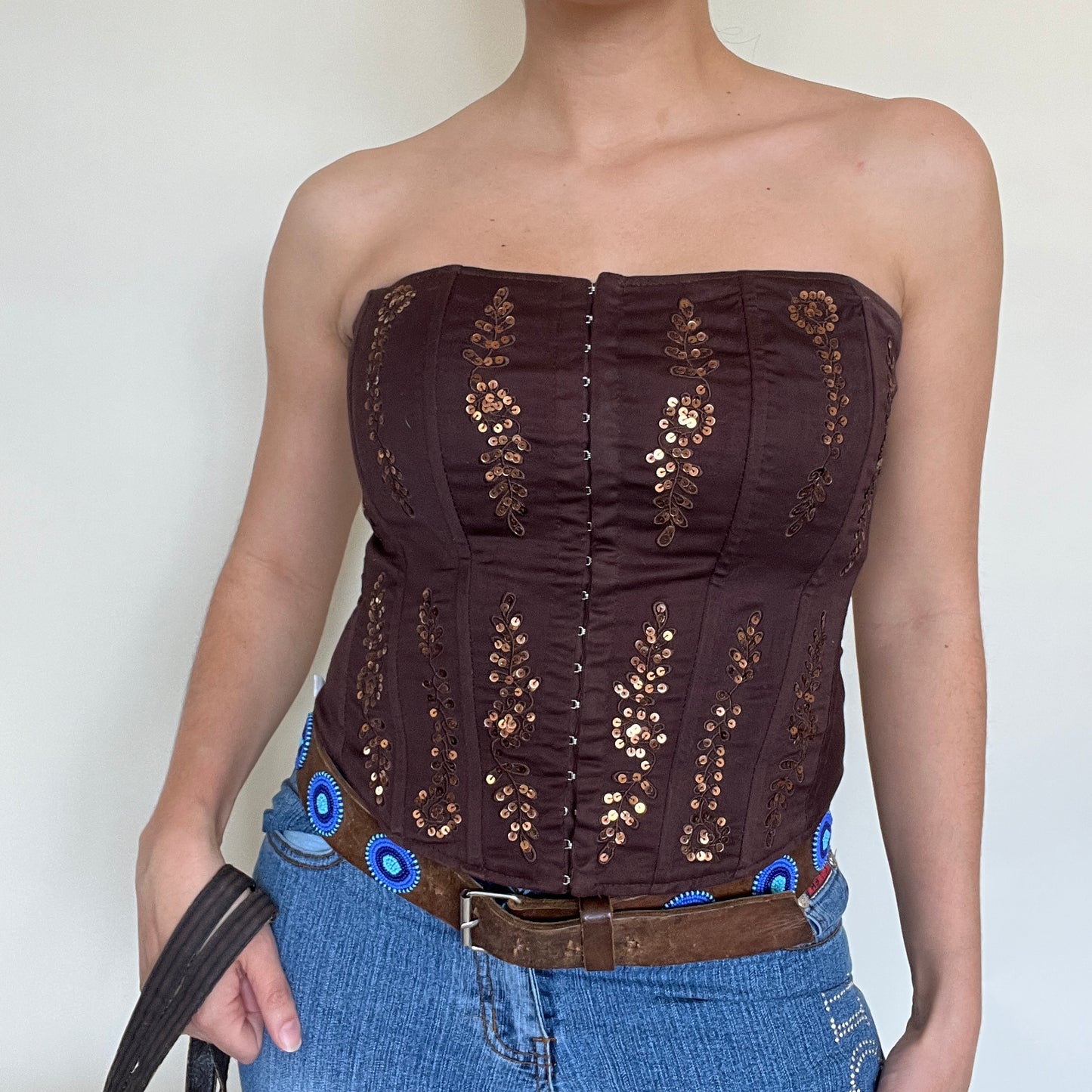 Bustier corset marron à sequins