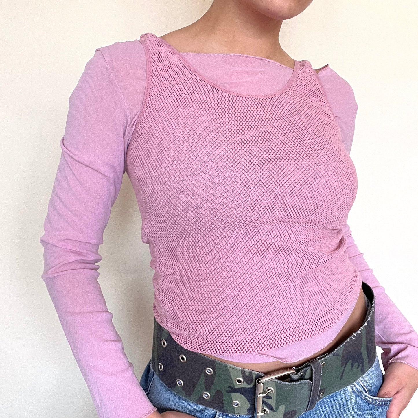 Top manche longue en mesh rose