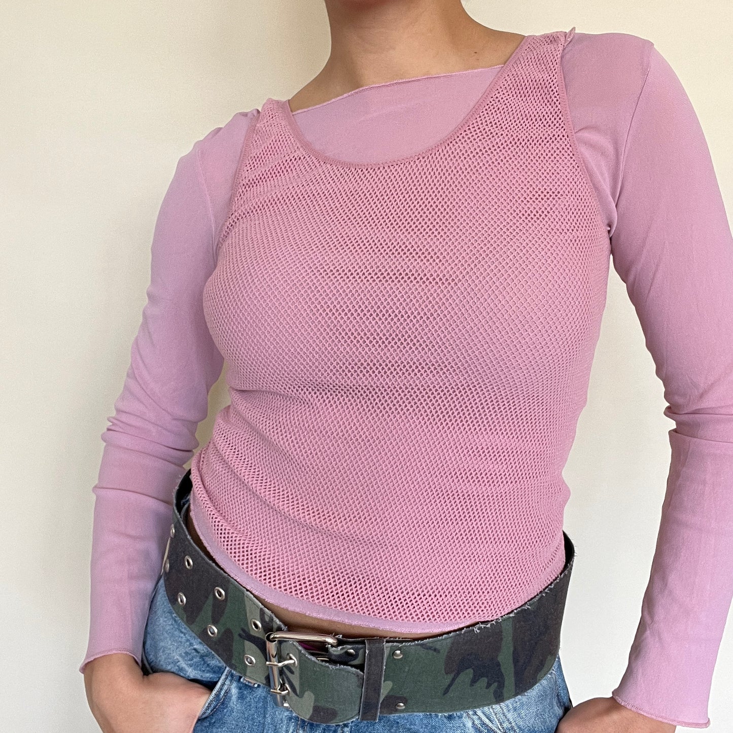 Top manche longue en mesh rose