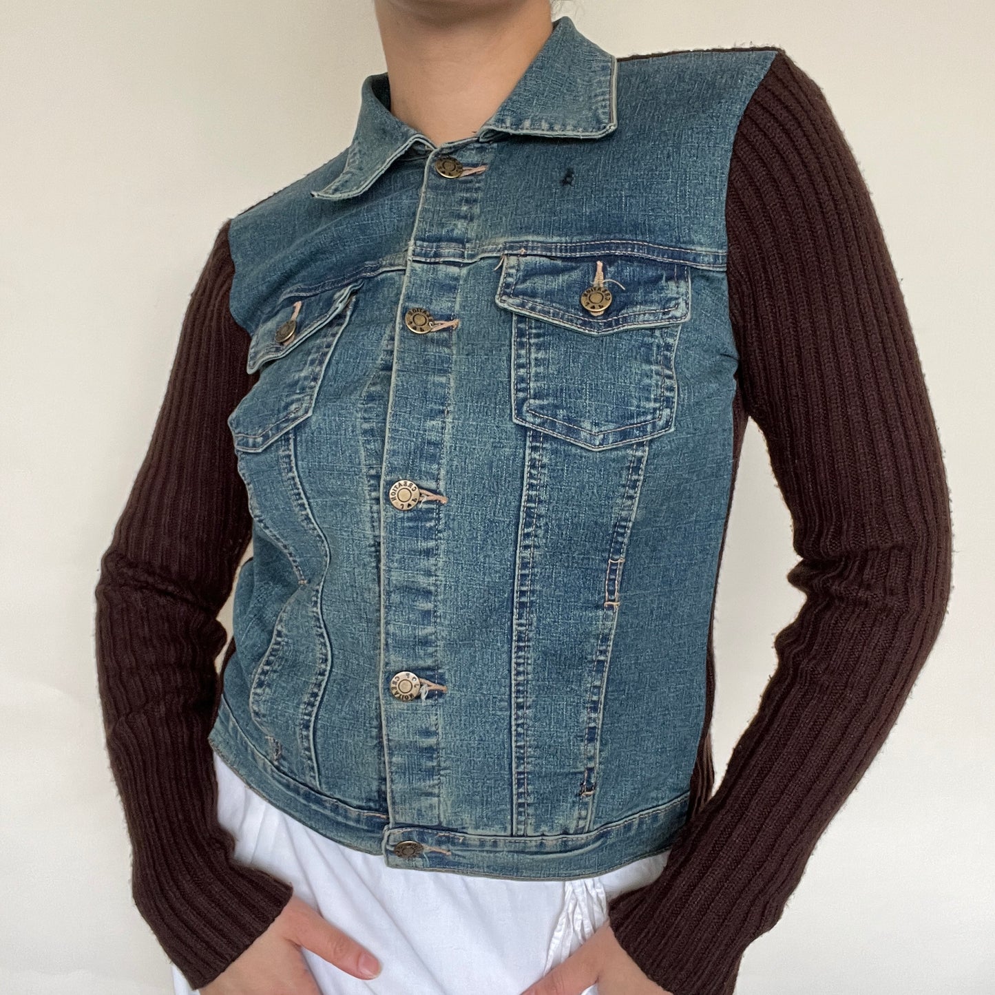 Veste bi-matière denim et maille côtelé marron