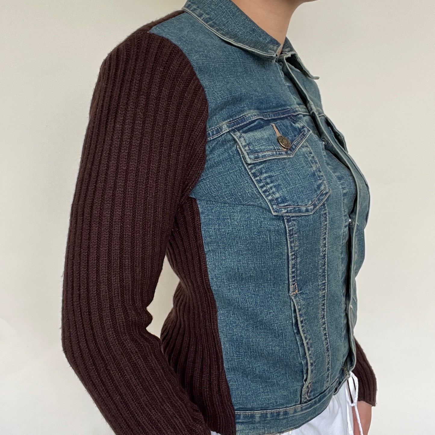 Veste bi-matière denim et maille côtelé marron