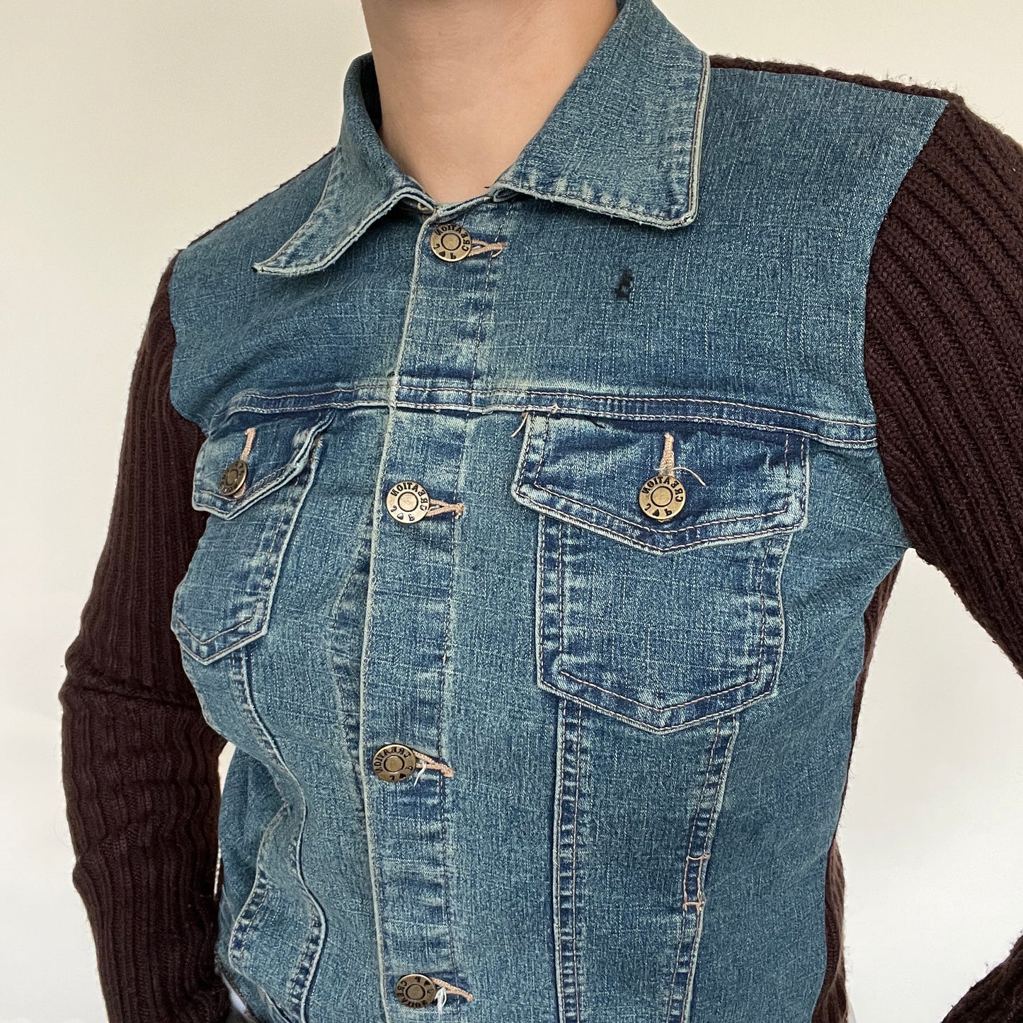 Veste bi-matière denim et maille côtelé marron