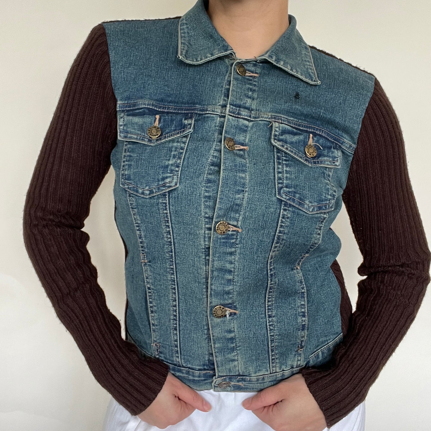 Veste bi-matière denim et maille côtelé marron