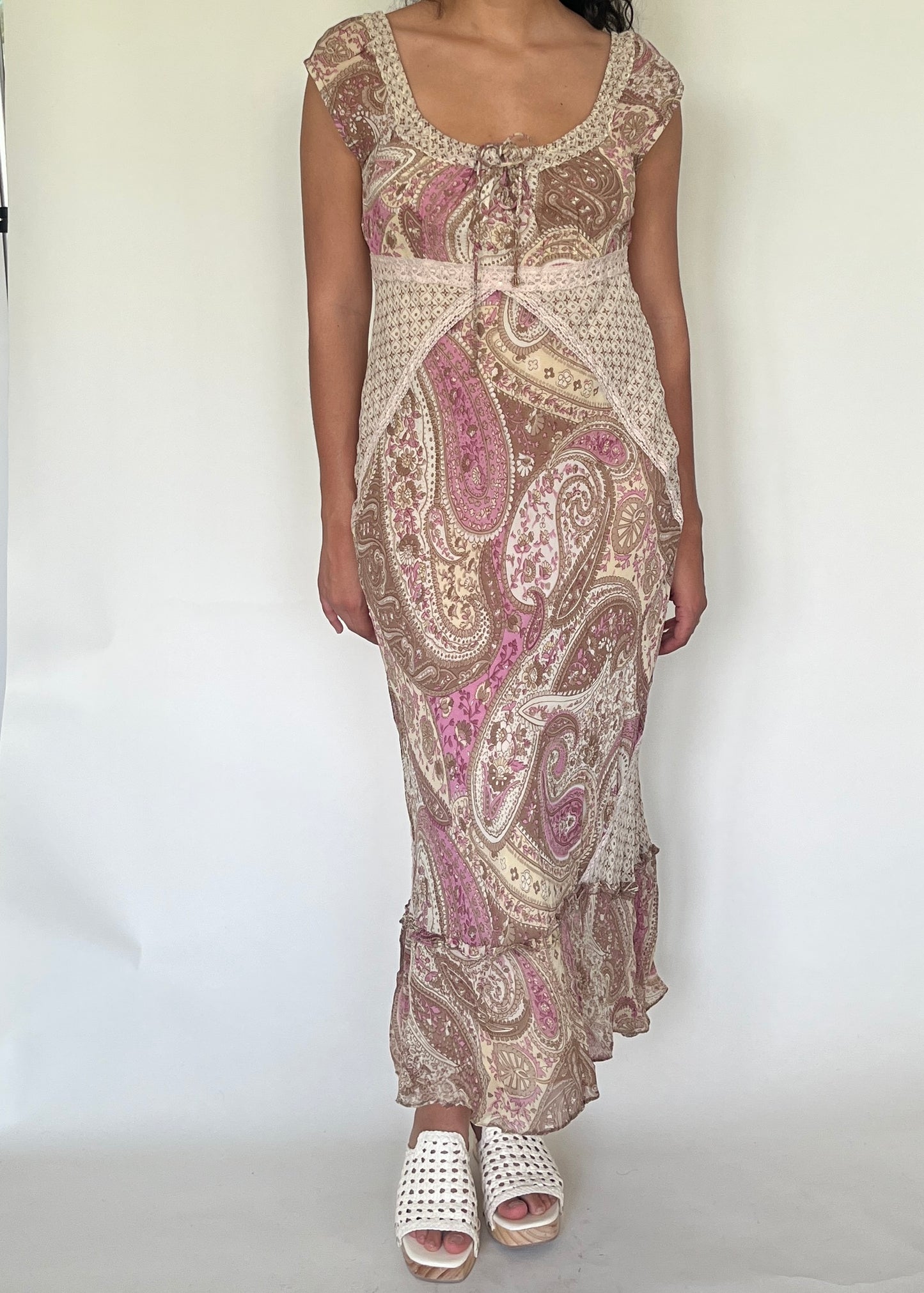 Robe longue bohème rose et beige