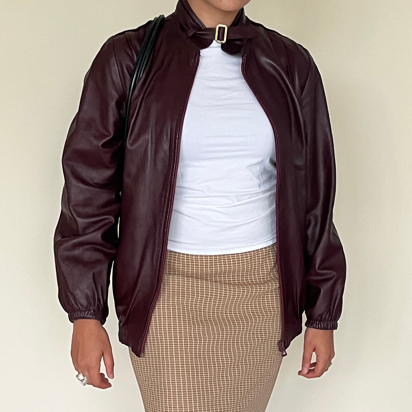 Veste bomber en cuir bordeaux