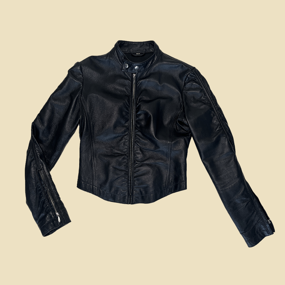 Veste biker zippée en cuir noir