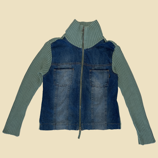 Veste zippée en denim et maille côtelée