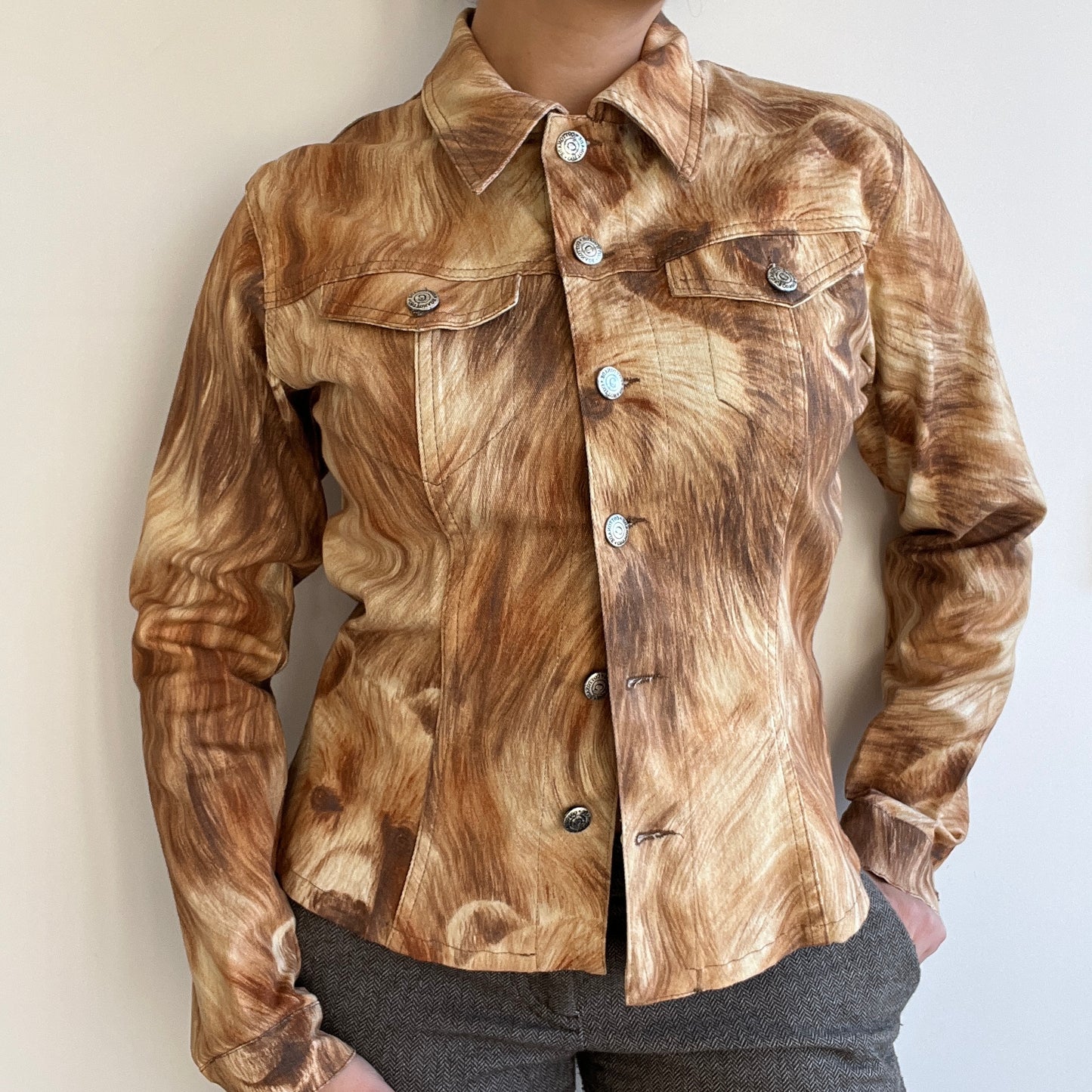 Veste en jean motif ours marron beige