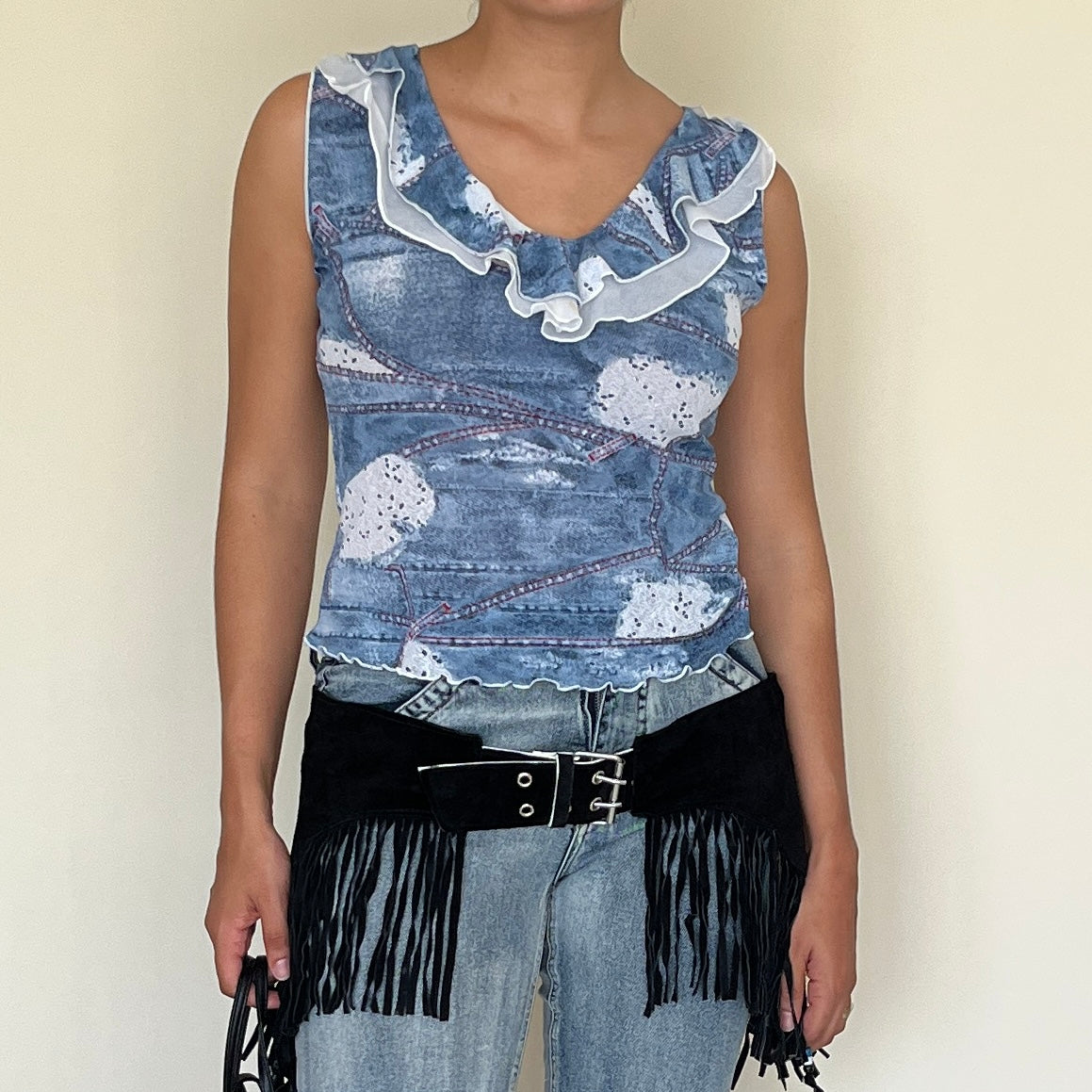 Top en mesh motif denim