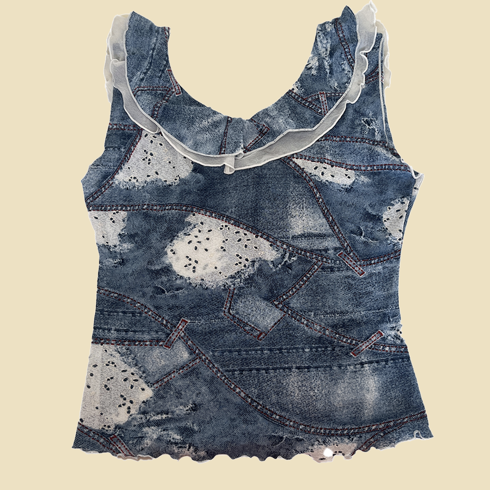 Top en mesh motif denim