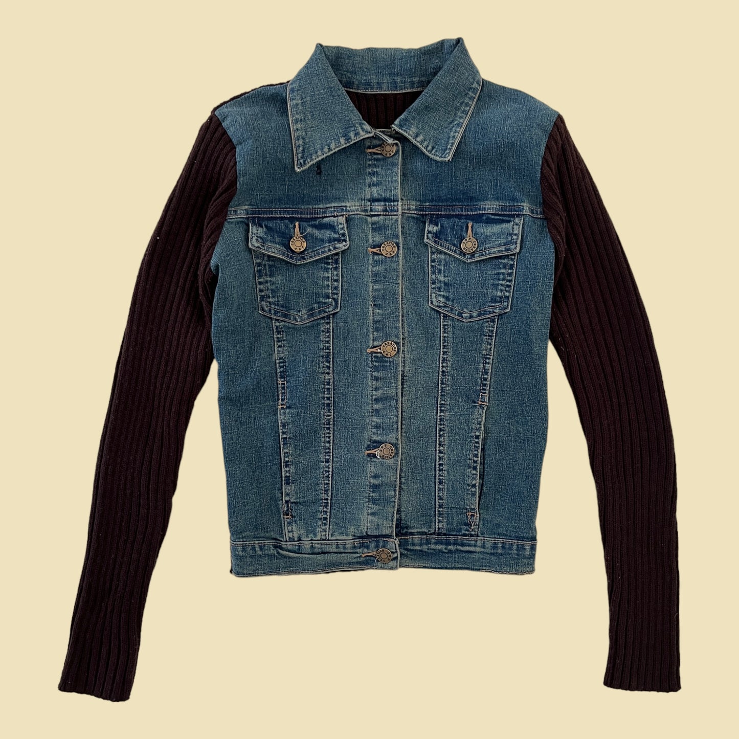 Veste bi-matière denim et maille côtelé marron