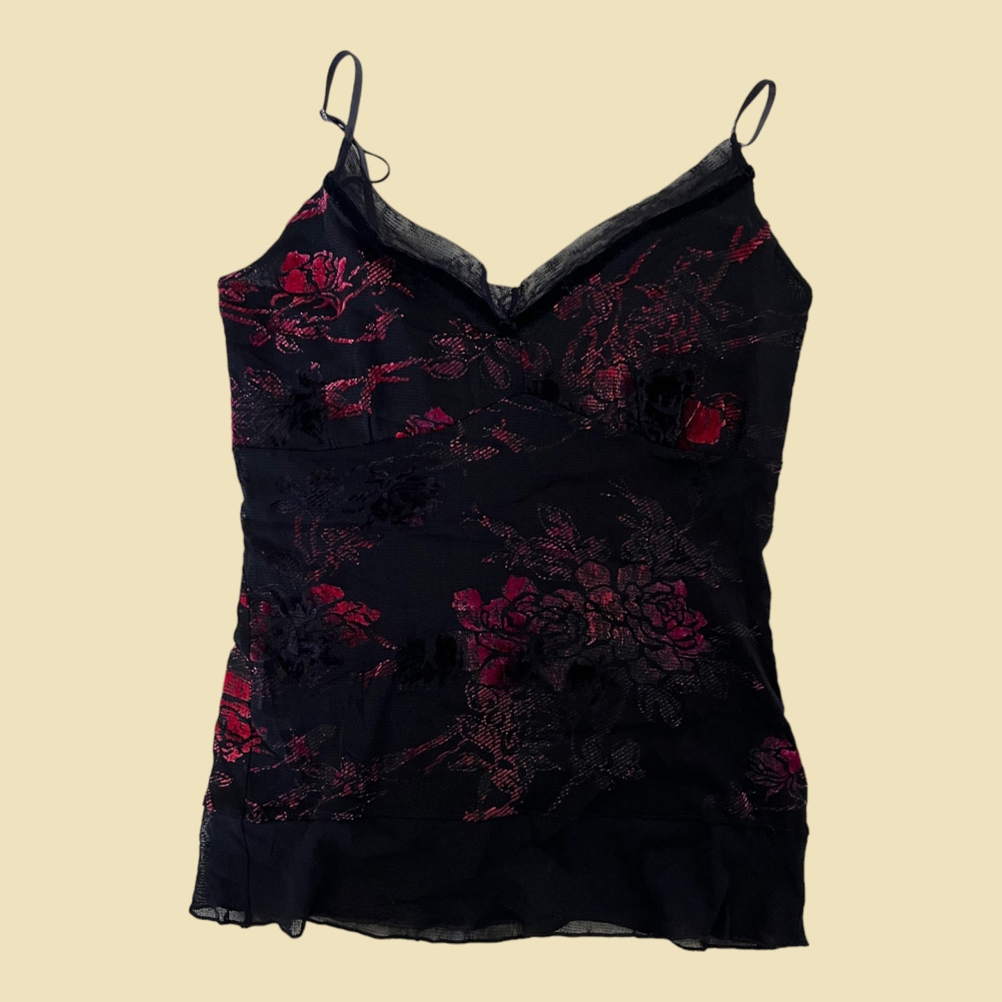 Top nuisette en mesh fleuri rose et noir