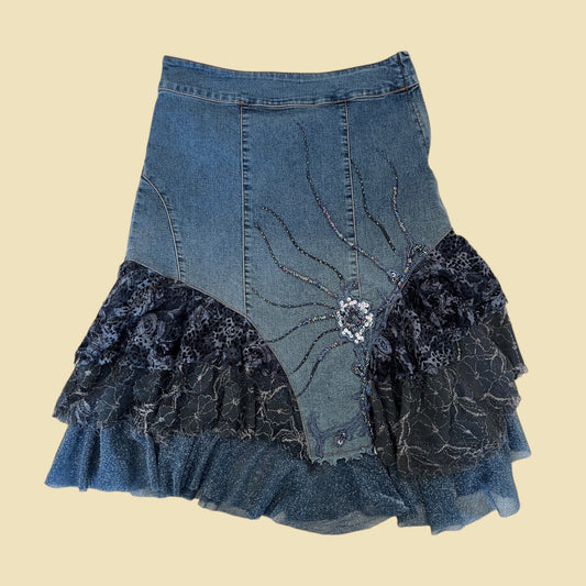 Jupe boho à perles et dentelle en denim bleu